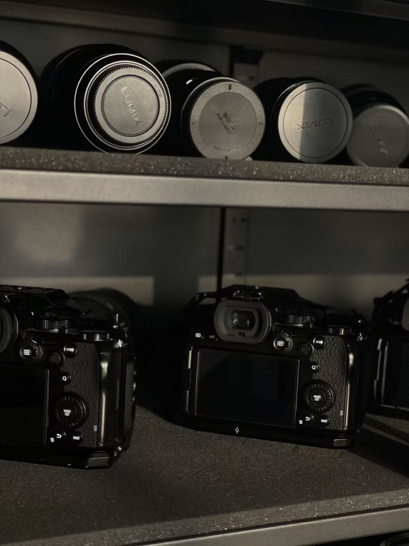 Shelf of camera bodies and lenses