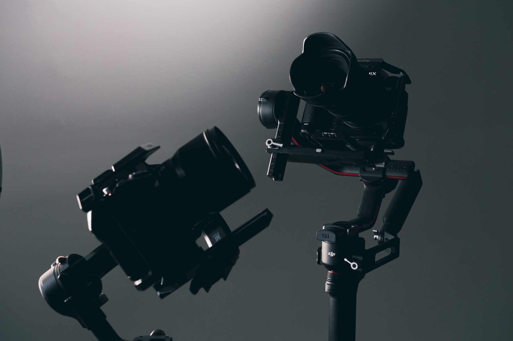 Two stabilised camera gimbal rigs